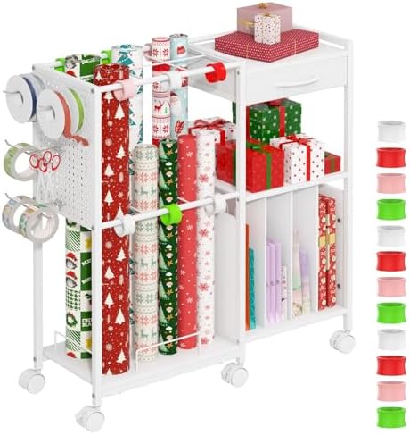 Wrapping Paper Storage Cart, Rolling Gift Wrap Station with Drawer & Hooks by Unknown