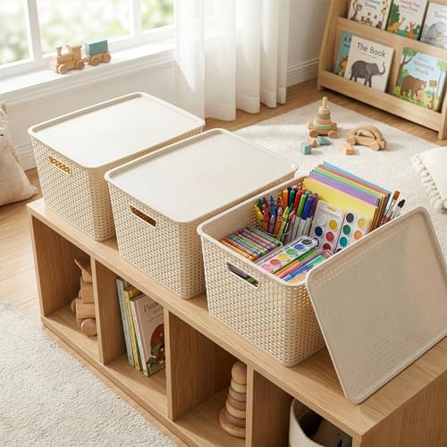 BINO | Plastic Storage Baskets with Lids, 45 Liter - 3 Pack, Natural | THE WOVEN COLLECTION | Storage Basket for Shelves | Woven Storage Baskets for Organizing Bins | Pantry Shelf Organizer Bin - Image 3