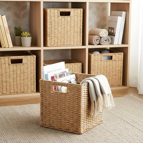 Newtay 6 Pcs Wicker Storage Baskets 12.2 x 12.2in Cube Storage Bin Organizer Camel Square Foldable Wicker Baskets for Shelves Organizing Decor Laundry Pantry Toys - Image 5