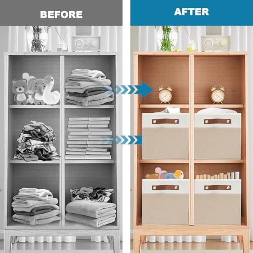 6 Pack Fabric Storage Baskets with Handles (White with Beige,15" L*10.2" W*9" H) - Image 5