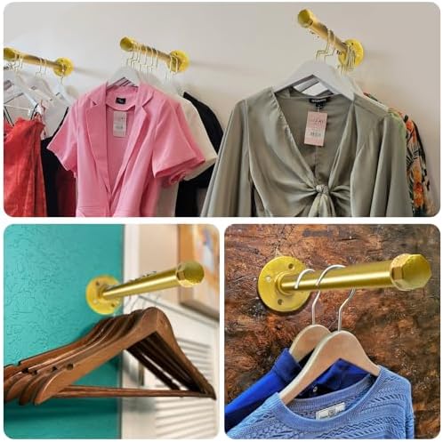 Pintuson 6 Pcs Industrial Pipe Clothes Bar 12 Inch - Wall Mount Clothing Rack - Face Out Closet Rods for Hanging Clothes Commercial Retail Boutique Laundry Shirt Display - Golden - Image 5