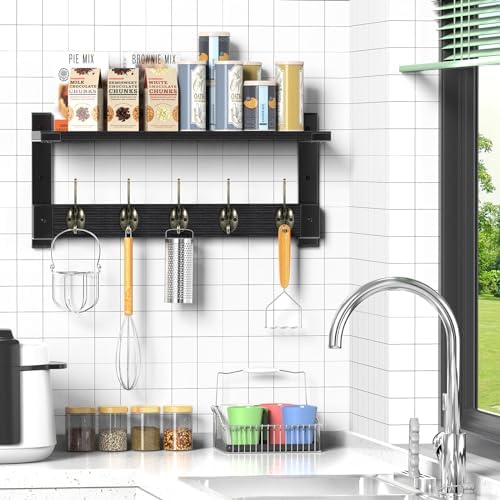 Oraich Wall Hooks with Shelf, Coat Rack Wall Mount with Hooks for Coat Backpack Key Clothes Hanger, Wall Floating Shelf Hanging in Entryway, Living Room, Bathroom, Kitchen(Black Brown & Black) - Image 7