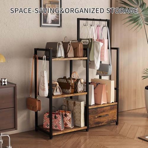 Handbag Organizer - 3 Tier Purse Storage Rack with Pull Out Drawer & 6 Hooks, High Capacity Handbag Holder Shelf, Metal Frame with Wood Shelves for Closet/Bedroom﻿(Rustic Brown) - Image 6