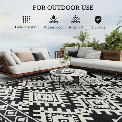Outsunny Outdoor Rug for Patio Waterproof 9' x 18' Black & White Rhombus - Image 6