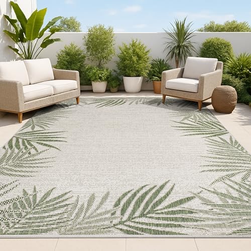 JONATHAN Y Palm Frond Border Indoor Outdoor Area Rug 4X6 Green/Cream, Isla Coastal Cottage for Backyard, Patio, Porch, Easy-Cleaning, High Traffic, Pet-Friendly, Non-Shedding (TSN207B-4) by JONATHANY