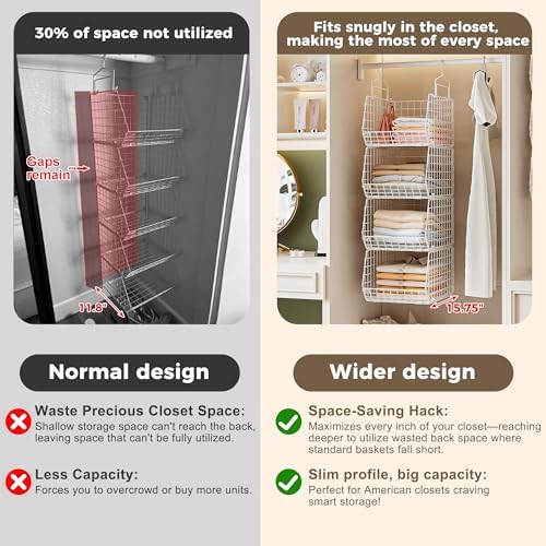 4" Extra Deeper Foldable Hanging Closet Organizer, Small Wire Cabinet Shelves and Storage with 5 S Hooks,4 Tier Metal Basket Bins for Clothes Sweaters Handbags, Wardrobe for Kitchen Laundry Room，White - Image 3