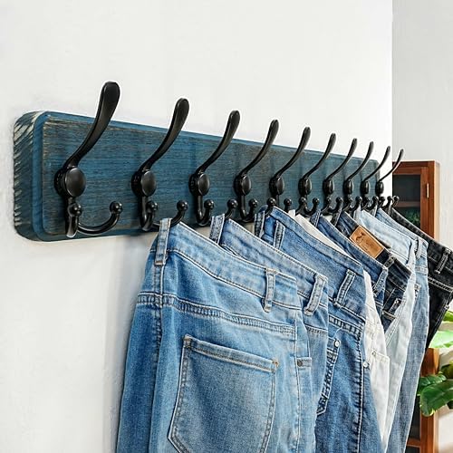 Dseap Coat Rack Wall - Heavy-duty 38-1/4" Long, with Reinforced 10 Custom Tri-Hooks, Solid Wood Wall Hanger for Coats Hat Jackets - Rustic Farmhouse Entryway Storage, Weathered Blue & Black, Pack of 2 - Image 2