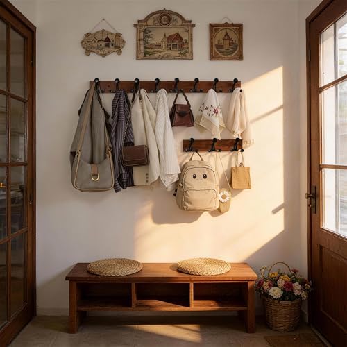 WEBI Coat Rack Wall Mount,17" Solid Wood Coat Hooks Wall Mounted Coat Hanger,16" Hole to Hole,Heavy Duty 3 Triple Hooks for Hanging Coats,Jacket,Hat,Backpack,Farmhouse,Reddish Brown,2 Packs - Image 2
