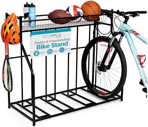BIRDROCK HOME Bike Rack Garage Storage Floor Stand - Freestanding Organizer for Outdoor Yard - Upright Wall Mount for Scooters, Rakes, Motorcycles, Hoverboards, Gloves - Holds 4 Bicycle - Black by BIRDROCKHOME
