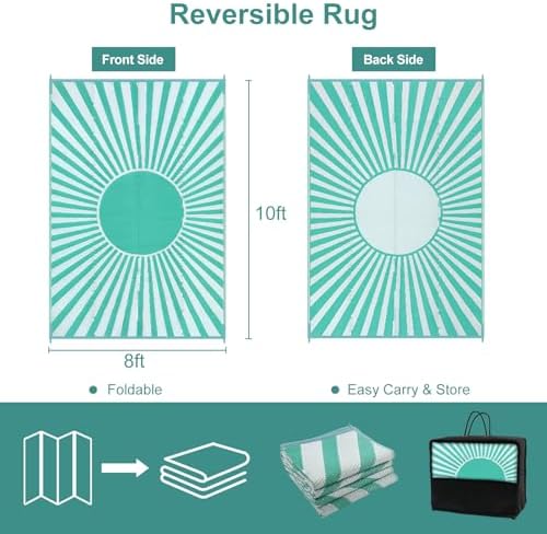 Wonnitar 8x10 Outdoor Rug Waterproof - Large Reversible Patio Rugs, Lightweight Plastic Straw Patios Mat for RV, Portable Outdoor Camping Carpet for Deck Picnic (Blue-Green, 8'x10') - Image 2