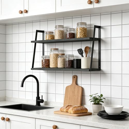 SRIWATANA Black 2-Tier Floating Wall Shelves, Rustic Wood Storage Shelf Set - Image 5