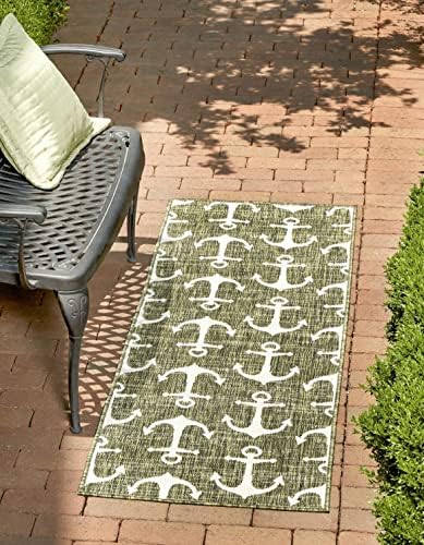 Unique Loom Outdoor Coastal Collection Area Rug - Ahoy (2' 7" x 12' 2" Runner, Green/ Ivory) by UniqueLoom