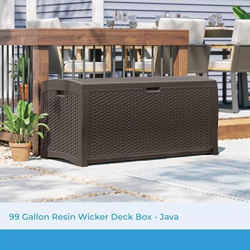 Suncast 99 Gal Wicker Resin Deck Box, Storage Chest Bin with Handles, Java - Image 2