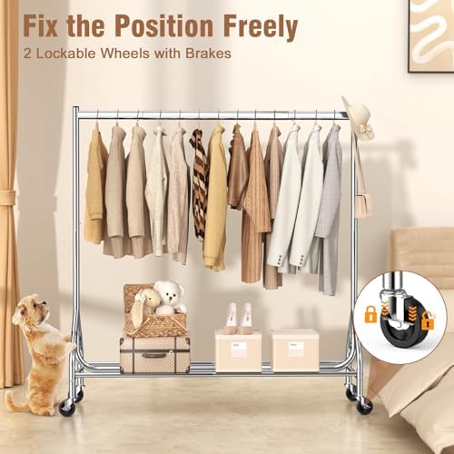 EAGMAK Heavy Duty Clothes Rack Load 420 LBS, Rolling Garment Rack with Lockable Wheels, Standing Metal Clothing Rack, Portable Wardrobe Sturdy Coat Rack for Hanging Clothes (Silver, 59″×18.9″×63″) - Image 5