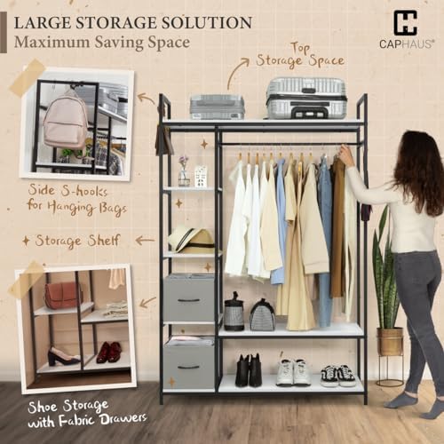 CAPHAUS 979lbs Capacity Heavy Duty Clothing Rack 48" W Metal Garment Rack with Drawers Hanging Rods and Wood Shelves Freestanding Closet Organizer, Black Board - Image 4