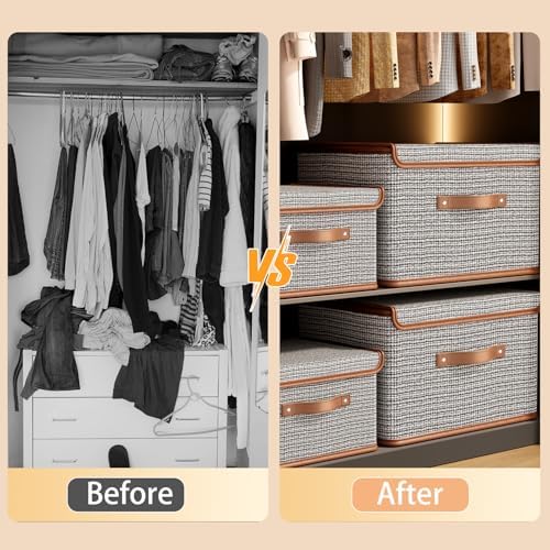 Tuza 4 Pack Storage Bins with Lids, Collapsible Closet Organizer Container, Fabric Organizer Box with Handles, Decorative Storage Boxes with Lids for Organizing Clothes, Books, Light Grey, Large - Image 5