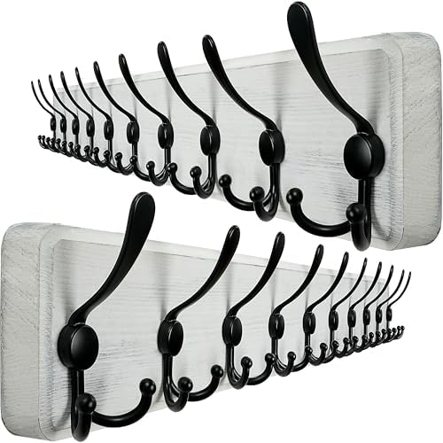 WEBI Coat Rack Wall Mounted,38 9/16" Long,10 Hooks,Wood Coat Hooks Wall Mounted Coat Hanger,Hook Rack Rail,Triple Hooks for Hanging Coats,Clothes,Jacket,Farmhouse,Black/White,2 Packs by WEBI
