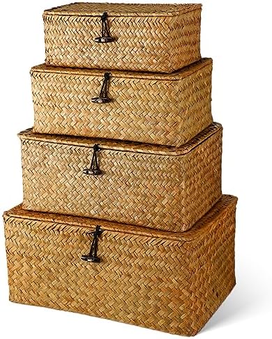 Woanger Set of 4 Wicker Baskets with Lids, Orange by Woanger