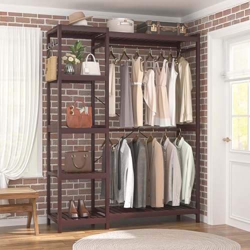 Homykic Bamboo Clothing Rack with 7 Adjustable Shelves, 2 Rods, Espresso - Image 6