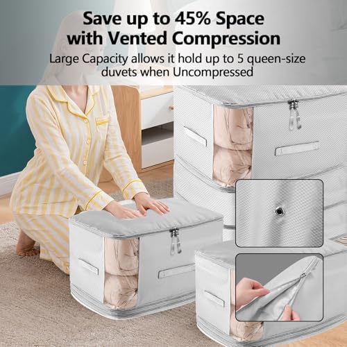 4 Pack Space Saving Comforter Storage Bag with Handle, 3-Layer Compression Blanket Storage Bags Adjustable In 3 Sizes (142L, 107L, 71L), Washable Bedding Organizer For Pillow Duvet Clothing Plush Toy - Image 2