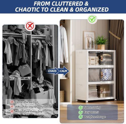 SAILUN 410QT/102Gal Stackable Storage Bins with a Lid, Collapsible Storage Bins with Doors, Folding Cabinet for Home Closet Organization,3 Pack-28 W x 18" D x 47" H White - Image 2