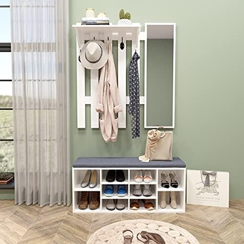 39.4" Coat Rack Wall Mount with Shelf and Mirror, Wall Shelf with 5 Hooks and Storage for Hallway Entryway Modern (White) - Image 7