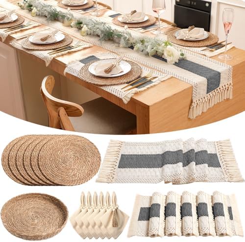 6 Sets Boho Placemat Table Runner Napkin Rings, Gray, 12x72 by Gandeer