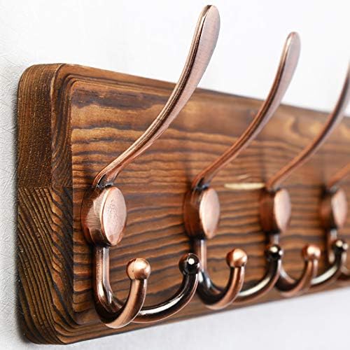 SKOLOO Coat Rack Wall Mounted - 38.6" Long, Wooden, Heavy Duty, Rustic Coat Hooks for Wall, Coat Rack with 10 Triple Hooks for Hanging Clothes, Jacket, Hat(Brown & Retro Red) - Image 4
