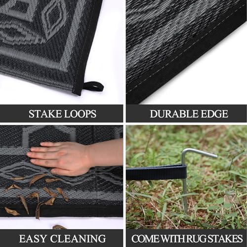 GlowSol Outdoor Rug 9x12 for Patios Waterproof Mat Outdoor Plastic Straw Rug Clearance, Reversible Carpet for Rv,Large Outside Carpet for Porch, Deck, Camper, Balcony, Backyard, Picnic,Black Grey - Image 2