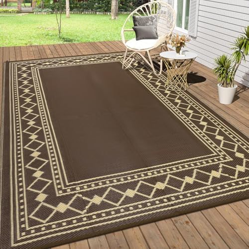 GlowSol 10x14 Outdoor Rug Waterproof Reversible Camping Mat, Plastic Straw Rug for RV Deck Backyard Porch Balcony Lawn & Beach, Easy Cleaning Outdoor Patio Rugs for Outside Decor, Brown/Beige - Image 2