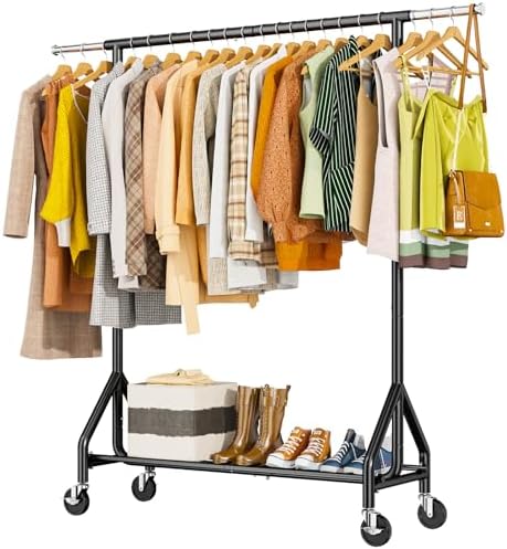 HYSEYY Heavy Duty Clothes Rack Load 450 LBS, Metal Garment Rack, Standing Rolling Clothing Rack for Hanging Clothes with Sturdy Wheels & Shelves, Portable Closet Wardrobe Rack,Black by HYSEYY