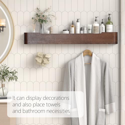Coat Rack Wall Mount with Shelf 8 Hidden Hooks Modern Wooden Key Holder Entryway Organizer for Hallway Bedroom Bathroom Home Decor Storage for Hanging Coats Hats Bags Towels, Walnut - Image 6