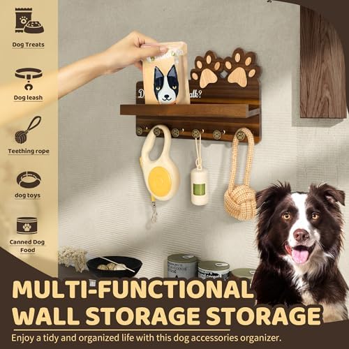 MTERSN Acacia Wood Dog Leash Holder for Wall with Wall Shelf, Dark Brown - Image 3