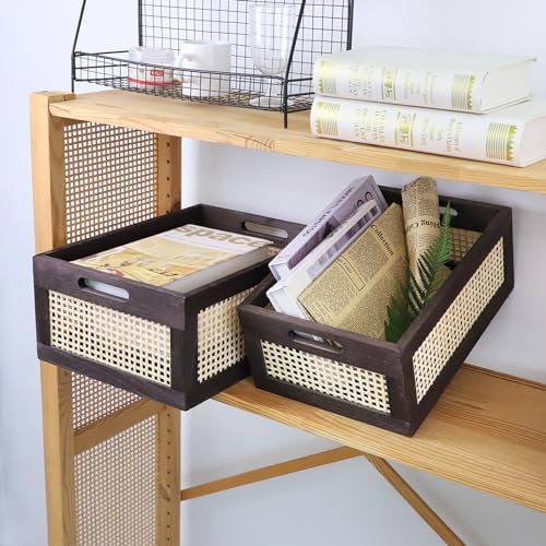 Rattan Wooden Storage Basket with Handle, Brown Set of 2 - Image 5