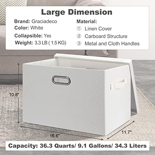 Graciadeco Large 17" 36 Quart Collapsible Stackable Storage Bins with Lids, 5 Packs White Linen Fabric Closet Boxes with Lids, Storage Cube Baskets Container Organizers for Bedroom Office(17 x12 x11) - Image 2