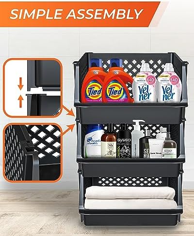 XLarge Stackable Storage Bins Open Front for Pantry Storage, 3 Pack - Black - Image 2
