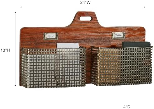 Sawyer Vertical Wall Organizer - Mission Red Oak - Handcrafted - Wooden Back, Metal Baskets - Vintage Hanging Organizer - Two Tier Basket for Mail, Paper, Letters - 24 Inches Wide Horizontal - Image 3