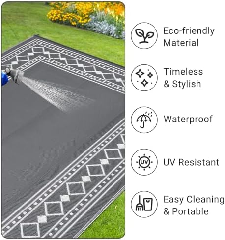 GlowSol 8x10 Waterproof Outdoor Rug Reversible Plastic Straw Area Rug, Portable RV Camping Mat for Patio Deck Backyard Porch Balcony Beach Stain Resistant Outdoor Floor Carpet for Outside, Grey/White - Image 5