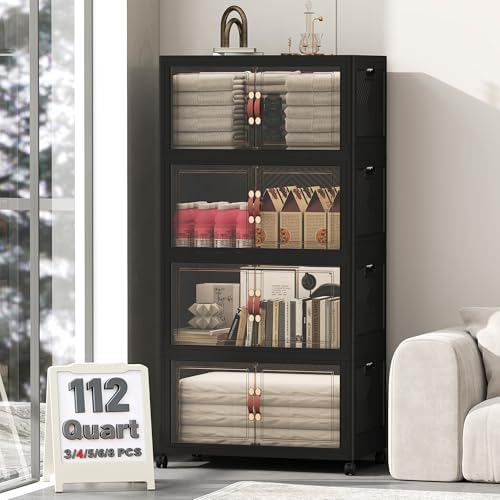 UAMFURI 448QT Lockable Storage Bins with Lids - Stackable Storage Cabinet with Doors and Wheels, Collapsible Plastic Organizer and Containers for Bedroom Dorm Office Garage, 4 Pack Cubes by UAMFURIDirect