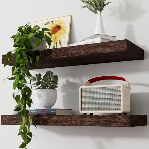 Axeman Floating Shelves, 2 Pack 8 Inch Deep Rustic Solid Wood Wall Shelves for Storage, Wall Mounted Display Shelving with Invisible Heavy-Duty Metal Bracket, 24" W x 8" D x 1.6" H, Rustic Brown by Axeman