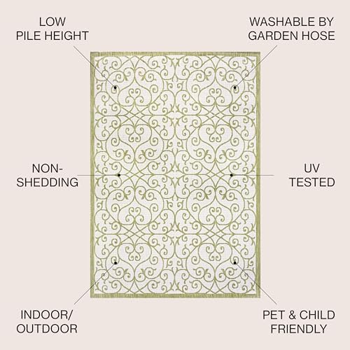 Eyely Filigree Textured Weave Area Rug 5X8 Green/Cream, Indoor Outdoor Rug - Image 4