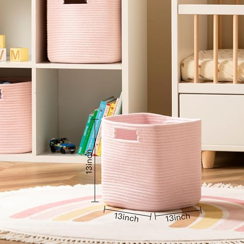 Dreamcountry 13x13 Cube Storage Bins, Storage Cubes with Handles, 4 Pack Cotton Rope Basket for Shelves, Cube Storage Organizer forToys, Book, Clothes, Home, Office, Nursery, Pink - Image 2