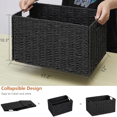 Vagusicc Wicker Storage Basket, Set of 2 Hand-Woven Paper Rope Wicker Basket, Small Storage Baskets for Organizing Toilet Paper Basket, Foldable Large Cube Storage Organizer Bins for Shelves (Black) - Image 2