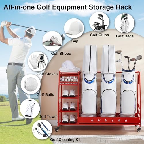 Lauren&Harold Golf Bag Organizer Garage Storage, Golf Storage Rack Stand Fits 2 Golf Bags, Golf Clubs and Other Golfing Equipment Accessories, Golf Organizer for Garage, Club, Shed, Basement - Image 6