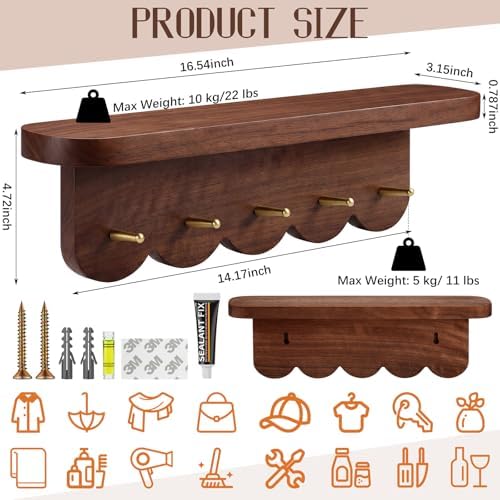 Lewtemi Wall Mount Coat Rack with Shelf 16.5" Scalloped Walnut with 5 Hooks - Image 2