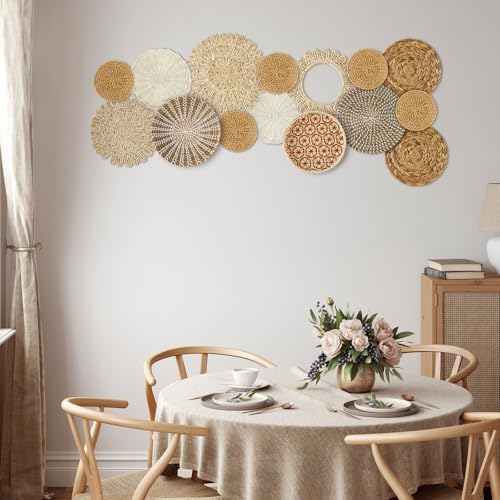 Xuhal 15 Pcs Boho Wall Basket Decor Handcrafted Seagrass Woven Wall Basket Rustic Round Woven Hanging Art for Home Farmhouse Kitchen Table Living Room(Fresh Style) - Image 6