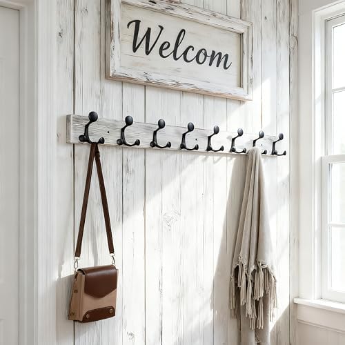 SKOLOO 43-Inch Wood Coat Rack Wall Mount with 8 Triple Hooks - Ideal for Family Entrances, Classrooms, and Pet Supplies Storage - Perfect Coat Hooks for Wall,Distressed White Wash, Pack of 2 - Image 2