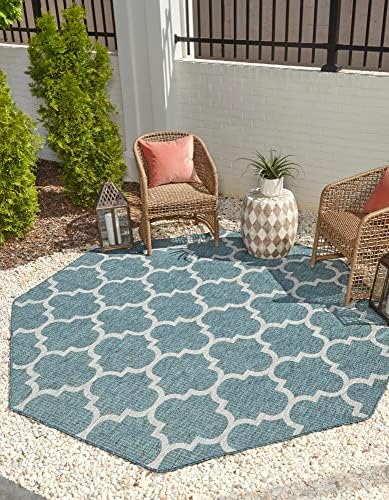 Unique Loom Trellis Collection Area Rug-Lattice Design, Moroccan Inspired for Indoor/Outdoor Décor, 8' 0" x 8' 0" Octagon, Teal/Gray by UniqueLoom