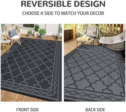GlowSol Outdoor Rug 9x12 for Patios Waterproof Mat Outdoor Plastic Straw Rug Clearance, Reversible Carpet for Rv,Large Outside Carpet for Porch, Deck, Camper, Balcony, Backyard, Picnic,Black Grey - Image 4