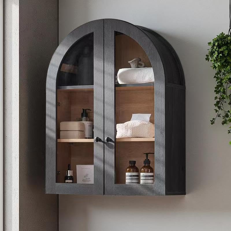 Bathroom Arched Wall Cabinet, 23.5'' Wide Medicine Cabinet, Wall Mount with Glass Doors & Adjustable Shelves, Over the Toilet Storage Cabinet for Laundry Room, Bedroom, Kitchen, Grey Black by Unknown